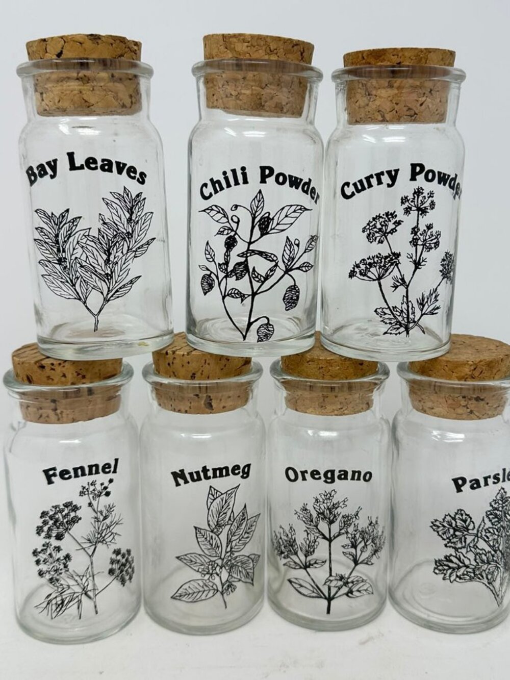 7pc 1970s Vtg Wheaton Glass Spice Jar Set Cork Lid Botanical Herbs Kitchen